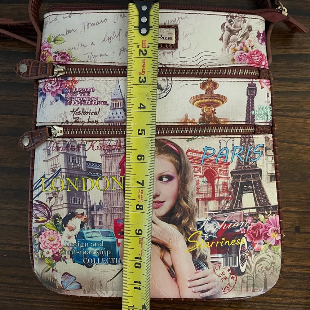 Starriness, London purse with script and girl, 3 zipper pockets, long strap - Picture 9 of 10